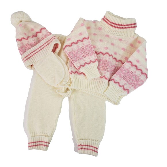 Vintage 90s FL Kids Pink Ivory Ski Sweater Set Pants Hat Girls 12 mos Preppy